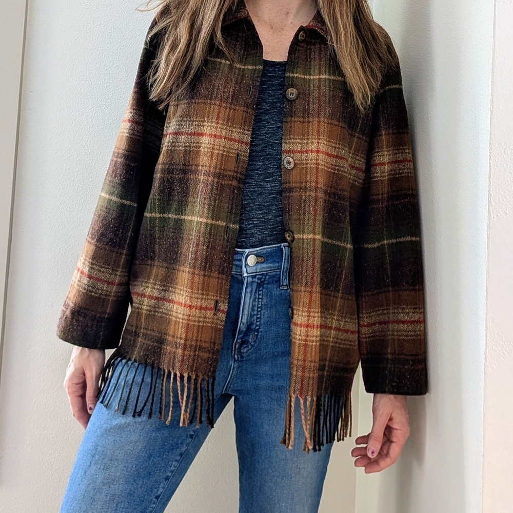 Vintage Plaid Collared Fringe Cardigan Jacket Sweater In Chocolate Brown